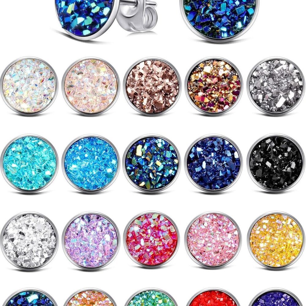 20 Pairs Stainless Steel Rainbow Stud Earrings 8mm Sparkling Resin Jewelry